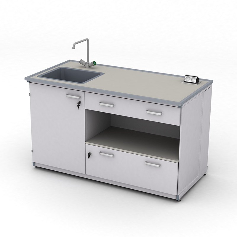 Cтіл демонстраційний лабораторний ЕКСПЕРТ з розетками. з мийкою та шухлядами, 1500х750х900 мм, HPL-пластик з бортиком, арт. 141-08.522Б